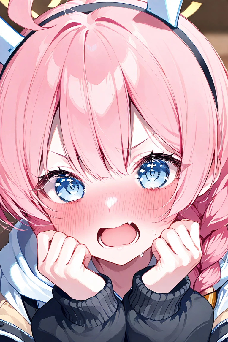 8k,1girl,Nekomiya Hinata,VTuber,game cg, solo, looking viewer, cinematic angle, masterpiece, best quality,happy ,pink hair,cat ear,flat chest,face,hair ribbon ,blush,closed mouth,A gentle smile,A gentle smile,NSFW,:o,small nipple,detailed skin,blue eyes
