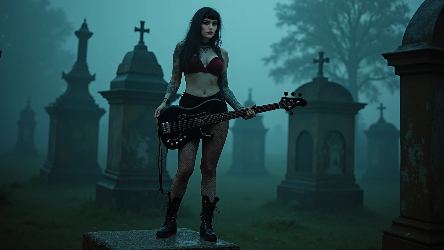 adventure time,marceline,naked petite,(best quality,4k,8k,highres,masterpiece:1.2),ultra-detailed,realistic,photorealistic:1.37,hdr,studio lighting,vivid colors,portraits,colorful palette,magical lighting,Moonlight shining through,glowing red eyes,dark purple lipstick,pale skin,fangs,long wavy black hair,floating ethereal music notes,spooky forest background,rock band apparels,grunge style,knee-high boots,standing on top of a cliff,playing a bass guitar,with a mischievous grin,flying bats,crystal-clear night sky, nude, naked