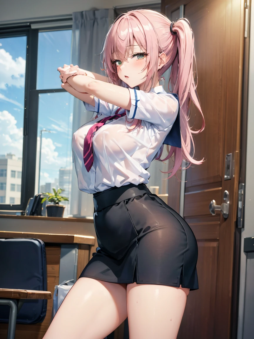 Showing panties、Silver Hair、Semi-long hair、Showing panties、Embarrassed expression、Showing panties、、School classroom、blackboard、Pull up your skirt、Lift up your skirt、Blushing、A foolish look、