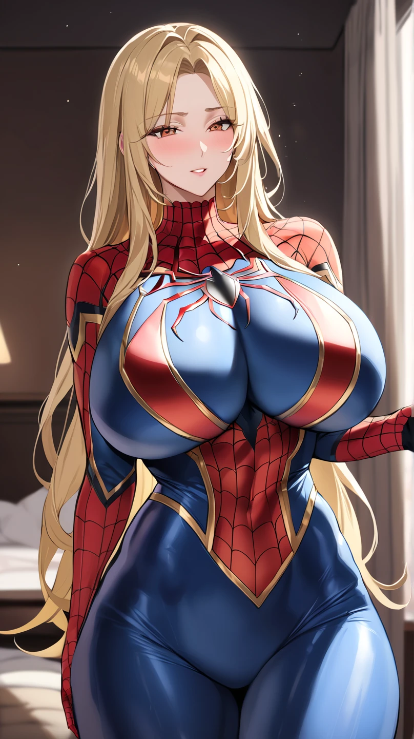 Beautiful blonde woman detailed defined body using golden and red spider-man role play,gigantic cleavage breasts,Split legs,Show details of private parts,thick thighs, voluptuous