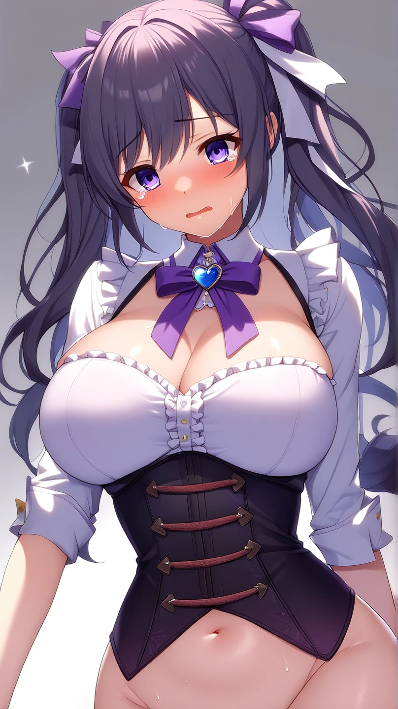 (((very big breasts))), (surrealistic), (high resolution), (8k), (highly detailed), (highest quality), (super detailed), (masterpiece), (detailed face), alone, 1 girl, ((odd eyes)), (light blue right eye), (dark blue left eye), ((dark blue hair)), ((curvy)), (((gigantic breasts))), (twin tails), (glow eyes), one mole on the chest, (very large nipples), (very large areola), (off shoulder), (black COAT), black nails, ((((operate smartphone)))), ((looking at phone)), (garter belt), ((Lace)), (wedgie), busty breasts, (Pirate COAT), ((black tanga)), (((black bow bra))), (((Smiling)))