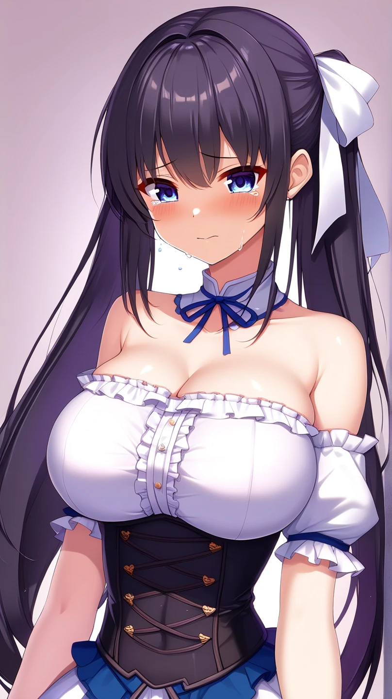nsfw, 2 girls, twins, two cat maids,((detailed eyes)), ((bright eyes)) ((mismatched pupils)), ((maid one, first girl, long white hair, white cat ears, eye red heterochromatic, blue heterochromatic eye)) ((maid two, second girl, long black hair, black cat ears, yellow heterochromatic eye, blue heterochromatic eye)) ((maids headband)), ((visible breasts, huge breasts, exposed breasts, visible nipples, exposed nipples, topless)), serious expression, looking at viewer, blushing, room, white gloves, white stockings, white apron, black maid clothes.