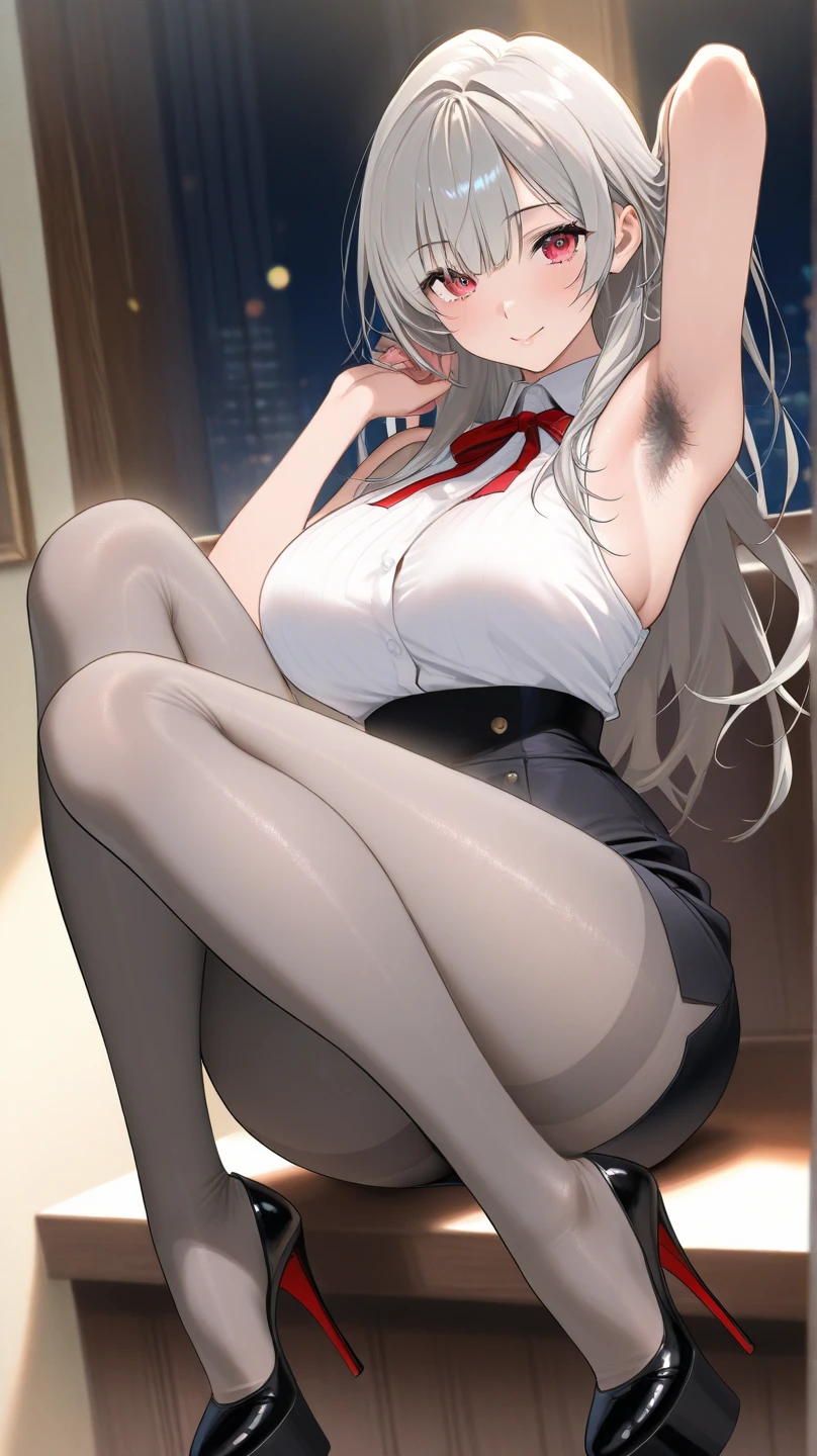 (((Spread your legs、Shooting from below、Lace panties))、(((Accentuate the crotch)))、Highest quality, 8k, masterpiece :1.3)), whole body, Sharp focus :One Girl,Glowing Skin,SSexy pose,Highest quality,Tabletop,shape,Very delicate and beautiful,Hmph,8k壁紙,wonderful,In detail,Official Art,Very detailedなティッカーUnity 8k壁紙,Incredibly ridiculous,Large file size,Very detailedな,High resolution,Very detailed,Beautiful detailed,Realistic,X-ray,The queue is full,(((Uniform Blazer、mini skirt)))、(((Big Breasts、Silver Hair)))、(((School、classroom)))、Stand upright、Cleavage , ((Long silver hair))、Uniform Blazer、Sexy pose、Hairstyle: ponytail、both hands、
