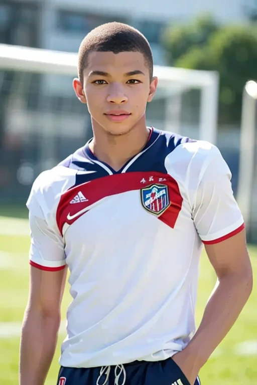 Create a photo of a football player with the head of the ager in the photo, sport image ( soccer ) more maintaining the body's natural structures, like 1,76 tall, 74 kg, without exaggeration on the body, ( Create images of a teenplayer, with a focused face)