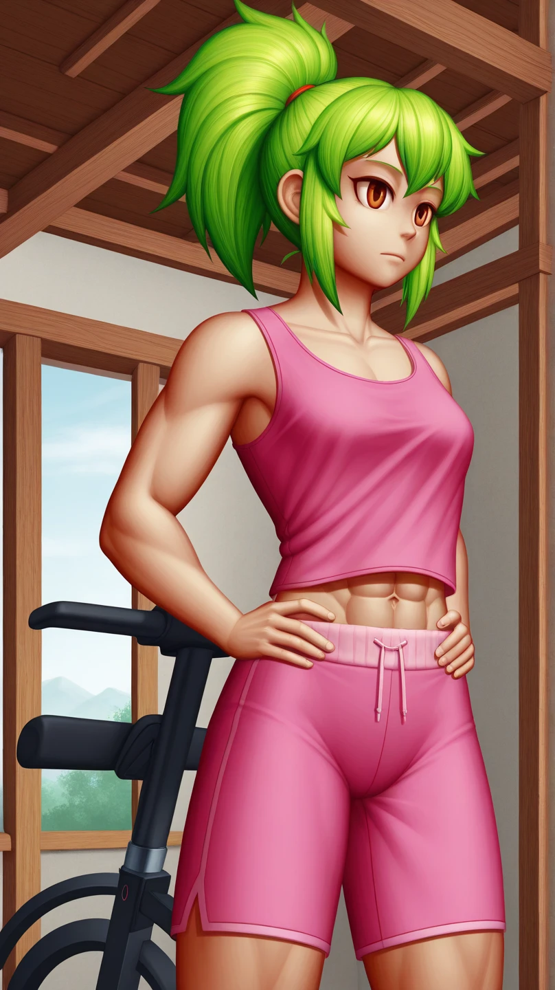 1girl, blue eyes, fit, body in good shape, muscular, short and thin Saria has green curly hair and small breasts, masterpiece, best quality, heavy breathing, lots of condensation coming mouth, saria \(the legend of zelda\), long pointy ears, working out, exercising, oiled skin, oily skin, wearing green yoga pants and sports bra