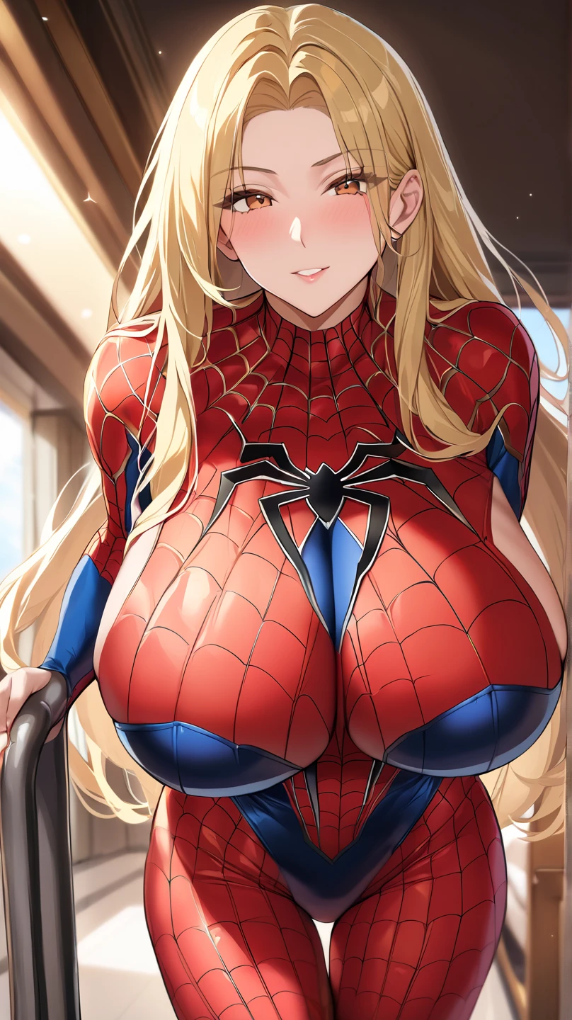 (masterpiece,best quality:1.3),(ultra-detailed,high resolution:1.2),(illustration),((an extremely delicate and beautiful)),(detailed background),((1girl,tall stature)and(1muscular boy,tall stature)),hetero,(1girl,tall stature:1.4),(curvy:1.4),(long hair, french braid),straight hair, (blonde hair), light blue eyes, (large breasts), pale skin,shiny skin, (rolling eyes:1.4),(ahegao),(trembling), erectile nipples, ((She wears Spider-Man costume)), cum in pussy,(cum on clothes:1.4), cum on body,cum in mouth,cum on hair,excessive cum, (1muscular boy,tall stature:1.4),smug,large penis, ((vaginal,sex)),(upright straddle,couple,face-to-face,kiss),(wrestling ring),