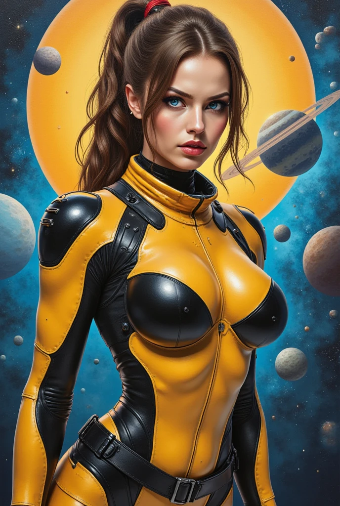 American vintage makeup light tanned skin dark orange eyes short wavy hair vintage hairstyle thin hips muscular medium buttocks medium breasts together space suit cleavage slits broken in Jupiter