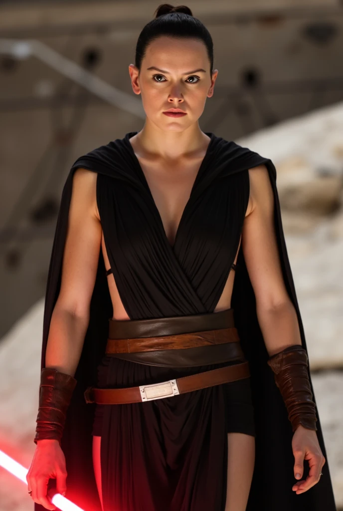 Sith Rey Skywalker, red eyes, wears a red mini dress with a cleavage, exposed vagina, in sith ruins near a river, dinamic pose, fighting pose, behind there is a robot, orgasm face, upskirt, without panties, at night, mid shot