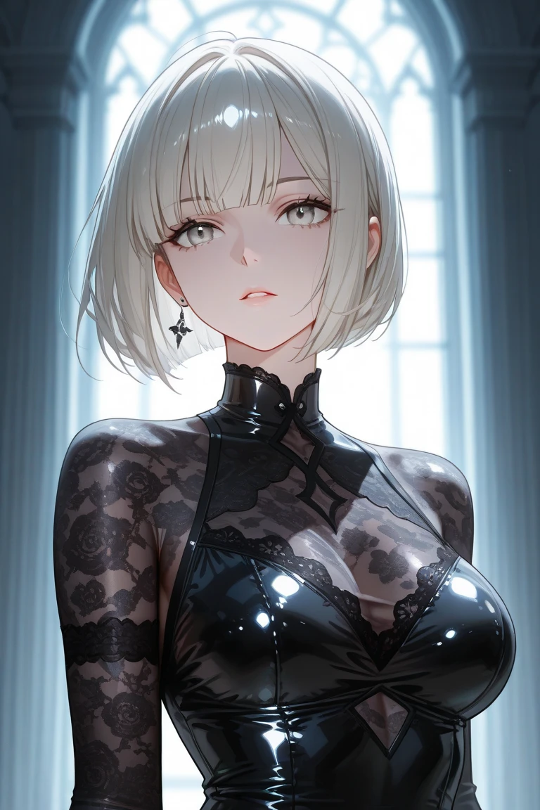 Yorha2b, masterpiece, (photorealistic: 1.4), top quality, beautiful lighting, 1 girl, mother, (blindfolded)), breasts, cleavage, hair band, hi-res, juliet sleeves, long sleeves, nier automata, red lips (puffy sleeves), shading face, short hair, solo, turtleneck, upper body, gray hair, Sky RAW Photography, 8K UHD, Film Grain