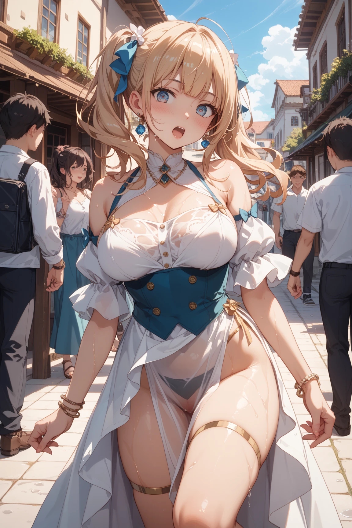 (masterpiece), best quality, (SHARP details), 4k, (very large breasts), nice hips, detailed skin, (((princess))), tiara, ((exhibitionism)), visible pussy, blonde pubic hair, pussy juice, blonde, outdoors, (medieval slums), sweat, ((surrounded by men)), inviting, steaming genitals, in heat, (presenting pussy),