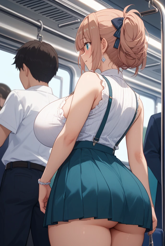 , (Huge breasts, Huge breasts, Large Breasts), Put your arms behind your back, Firm breasts, Slim waist, Curvaceous figure,long 髪, whole body, ((bursting breasts),(( breast expansion), surprised, open mouth, !?, wavy mouth, long hair, torn clothes,Urban Background,Inside a crowded and crowded train,,atlanta_kantaicollection,,