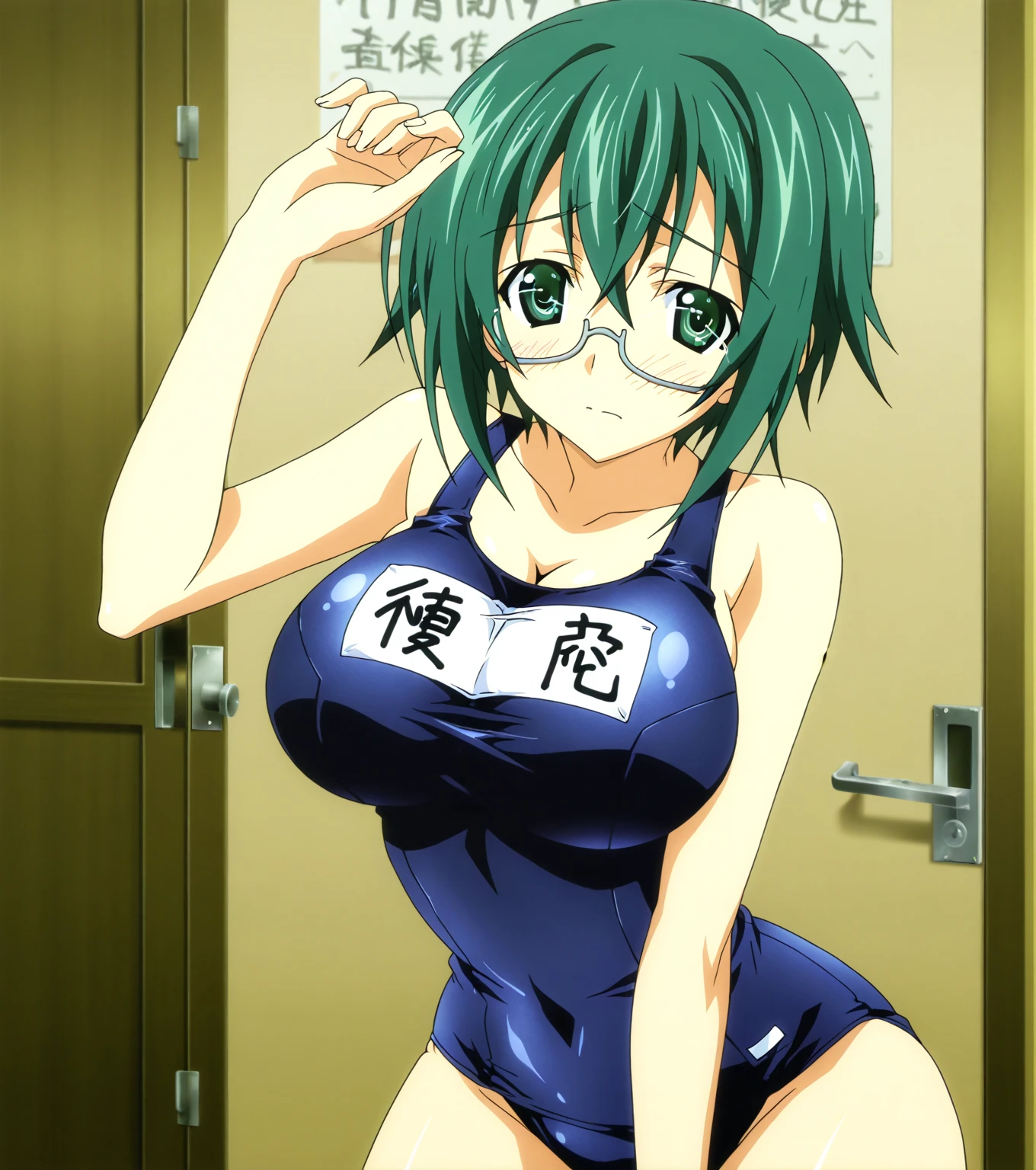 1girl, solo, green hair, short hair, green eyes, one-piece swimsuit, arms behind back, pussy line, huge breasts, white thighhighs, smile, absurdres,