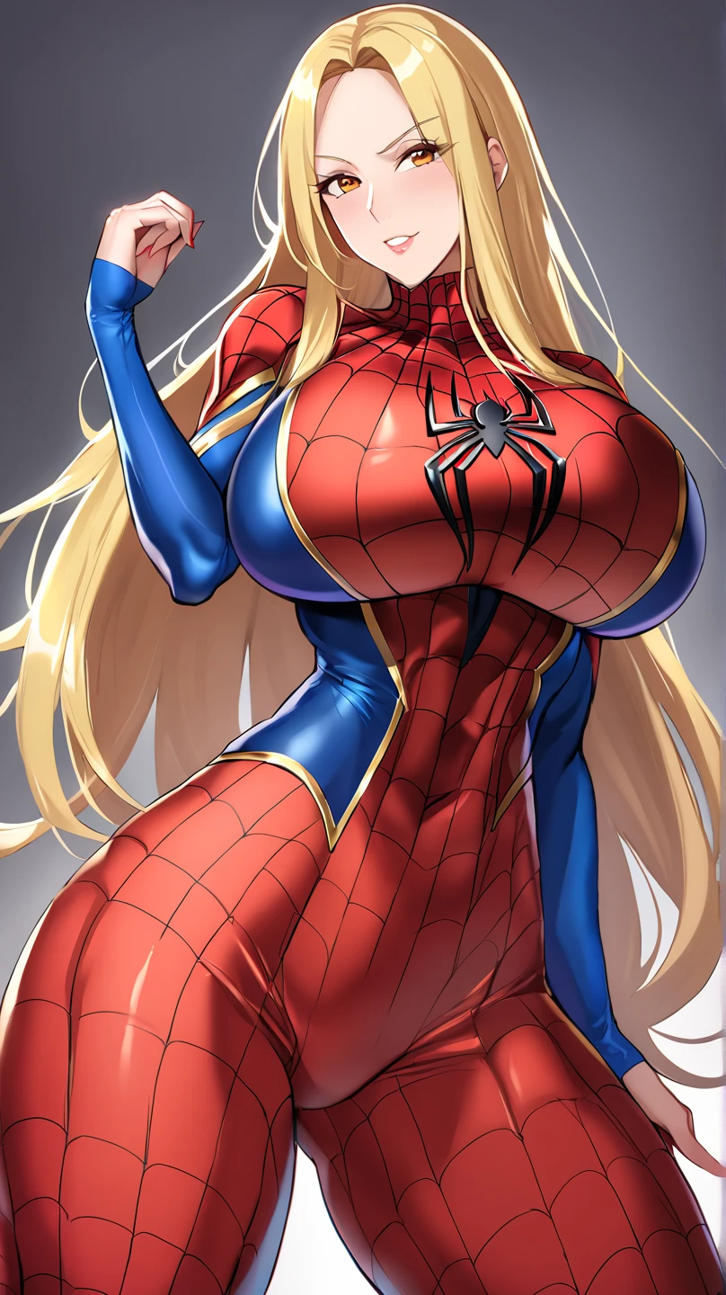 Tsunade senju cosplaying spider man, big breast, extremely long blonde hair, long legs