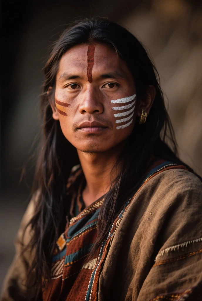 Native American Indian Tribe. Close-up of colorfully dressed native men on the bank of a river