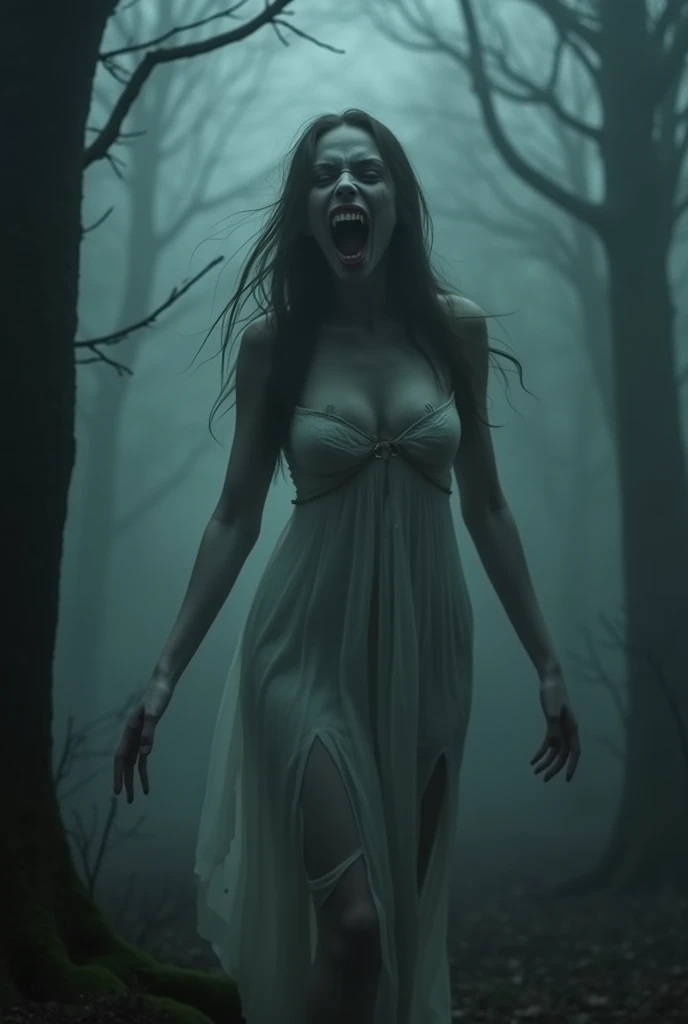 A dimly lit, abandoned tunnel deep in the mountains becomes a surreal setting for a mysterious encounter. The camera captures the subjective perspective of an observer as a stunning, ethereal beauty emerges from the shadows. Wearing a sheer white negligee, she stands like a ghost, her pale face and black lips radiating otherworldly allure. Her voluptuous body and large breasts seem to hypnotize, drawing the viewer's gaze. As she looks up, her head slightly tilted down, her piercing stare freezes the observer before erupting into a wicked, maniacal laugh that sends shivers down the spine., perfectly beautiful body, super detailed skin, glossy skin, Beautifully detailed mouth, beautifully detailed teeth, beautifully detailed fangs, beautifully detailed tongue, beautifully detailed lips, masterpiece, incredibly absurd res, absolutely resolution, ultra high res,
