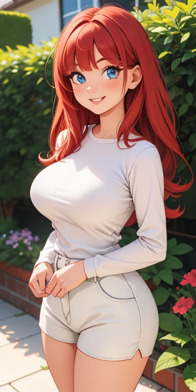 Beautiful round medium breasts, 1girl, ((red hair, Beautiful long braid, braid decorated with petals)) ((wolf girl, Fluffy wolf furry ears)) light green eyes, has an beautiful sensual body with freckles, with full breasts and thin waist, HIP HOP Cute Long black sweater, women's belt, cute latex shorts fabric delicate, has a bold appearance. young, quality, realistic, best quality, cute expression, pink lipstick lips, Cute smile, leaning, On the porch of the house, house in the forest
