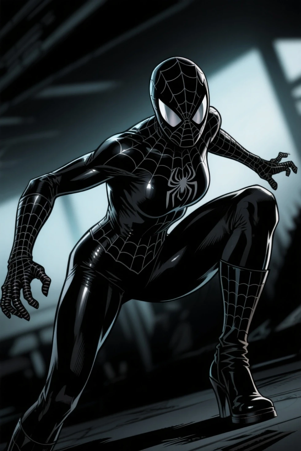 filmposter,Beautiful blue girl Spider-Man at night in Los Angeles,The Golden Gate Bridge can be seen in the distance,Clear plastic Spider-Man, Dynamic pose, Amazing body curves,art, Futuristic digital art style, Unreal Engine 5, hikari shimoda, realistic detail, radiation clusters, pseudo-infrared, Minimalist, 16k, best quality --ar 3:4 --niji 5 -,best qualtiy,4K,tmasterpiece:1.3),(nedium breasts,Bewitching body:1.2),Sexy lower abdomen:1.1,(rainy wet,Wet with rain,Get wet:1.2,Cocked buttocks,Sexy buttocks,Blue fully transparent tights,clear silhouette,mastoid process,Clear lower body contours,Panties fit snugly against the lower body,fully body photo,Sense of speed,Dynamic graphics,The main colors of the picture are blue and yellow,intricately detailed buildings,Networked architecture,Ribbons,Flowing style,Neon night view,amazing light and shadow,Cinematic footage,Shoot with an Allai camera,80mm cinema lens shooting,Brushed light effects