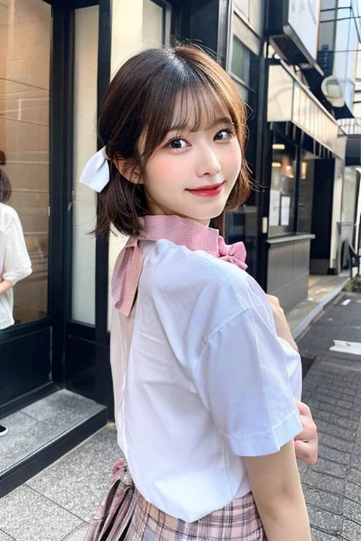 ((Tabletop, Highest quality, High resolution, Hmph, Pixel perfect, 4K, Hmph, Hmph))), 1 girl, single, alone, Beautiful woman、I could see the whole body、 ((Mid-wave hair, bangs, Brown Hair)), ((Brown eyes, Beautiful eyelashes, Realistic eyes)), ((Detailed face, blush:1.2)), ((Smooth texture:0.75, Realistic texture:0.65, Realistic:1.1, Anime CG style)), Medium chest, Dynamic Angle, Perfect body, ((Red bow tie, , Black jacket, Open jacket, Brown cardigan, White shirt, Black Skirt, Checked skirt)), City Stairs、Looking up from the bottom of the stairs、Very embarrassing panic smile, looked back、Lean forward、(The wind blew up her skirt, exposing her buttocks..、Hurry up and grab your ass、Pink lace panties:1.3)、