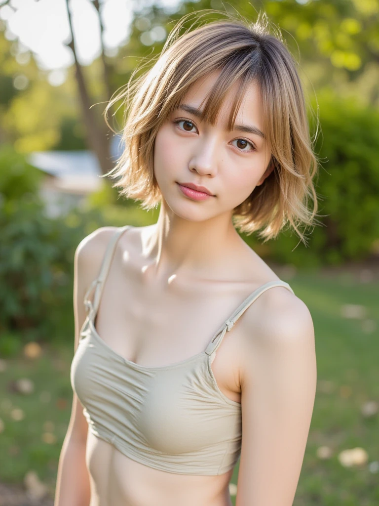 Beautiful and fair、Radiant Skin, 3 Up, Gorgeous, bright, Refreshing and gentle expression, Perfect beautiful face、Beautiful shiny bangs, A very beautiful 17 year old girl, Eyeliner, Very perfect eyes,Very large breasts,Grooves reveal original skin,Muscular body,Light Khaki Yoga Wear,Upper Body,Blonde short hair