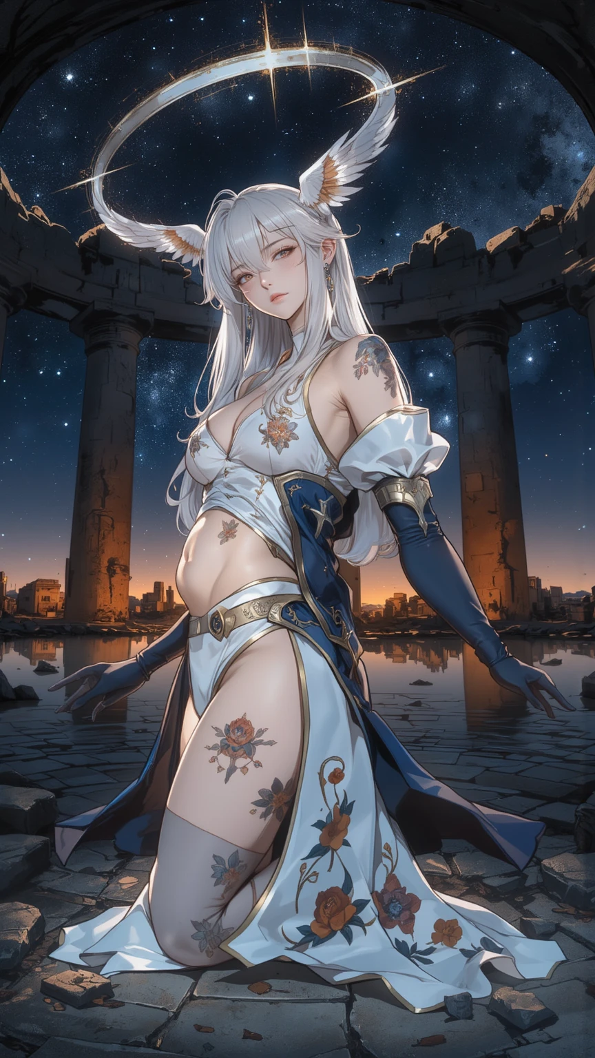 1girl, 18 year old female, Melusine, Summer Melusine, Fate Grand/Order anime style, ultra realistic, high detail, sexy pose, sexy, beautiful, exposed skin, slender, exposed breast, breast, nipples, nude, nudity, moon, stars, absurdres, high res, ultrasharp, 8K, UHD, retina, masterpiece, accurate, anatomically correct, perfect anatomy, textured skin, super detail, high details, high quality, award winning, best quality, high res, looking at viewer, detailed eyes, four fingers and one thumb per hand, perfect hands, perfect finger, two arms only, white hair, yellow eyes, full body, no clothes, revealing