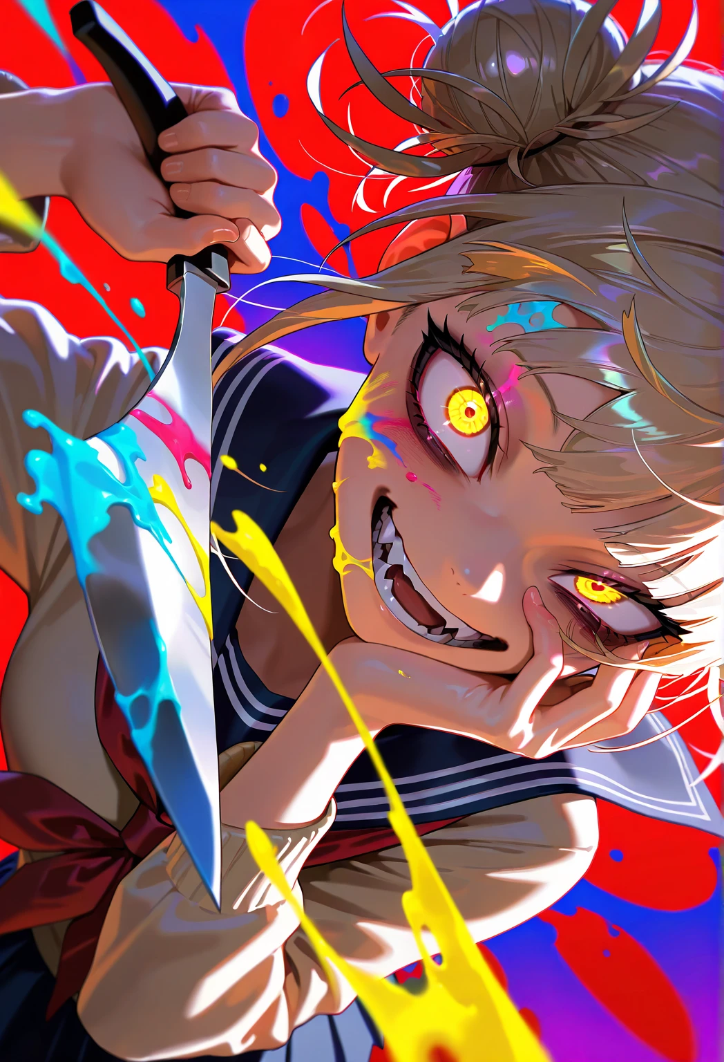 Male,bloody red eyes,body stitches,looks insane,has puppet strings on fingers, short white,hair,yandere,talk,in a dark space,wearing all dark red