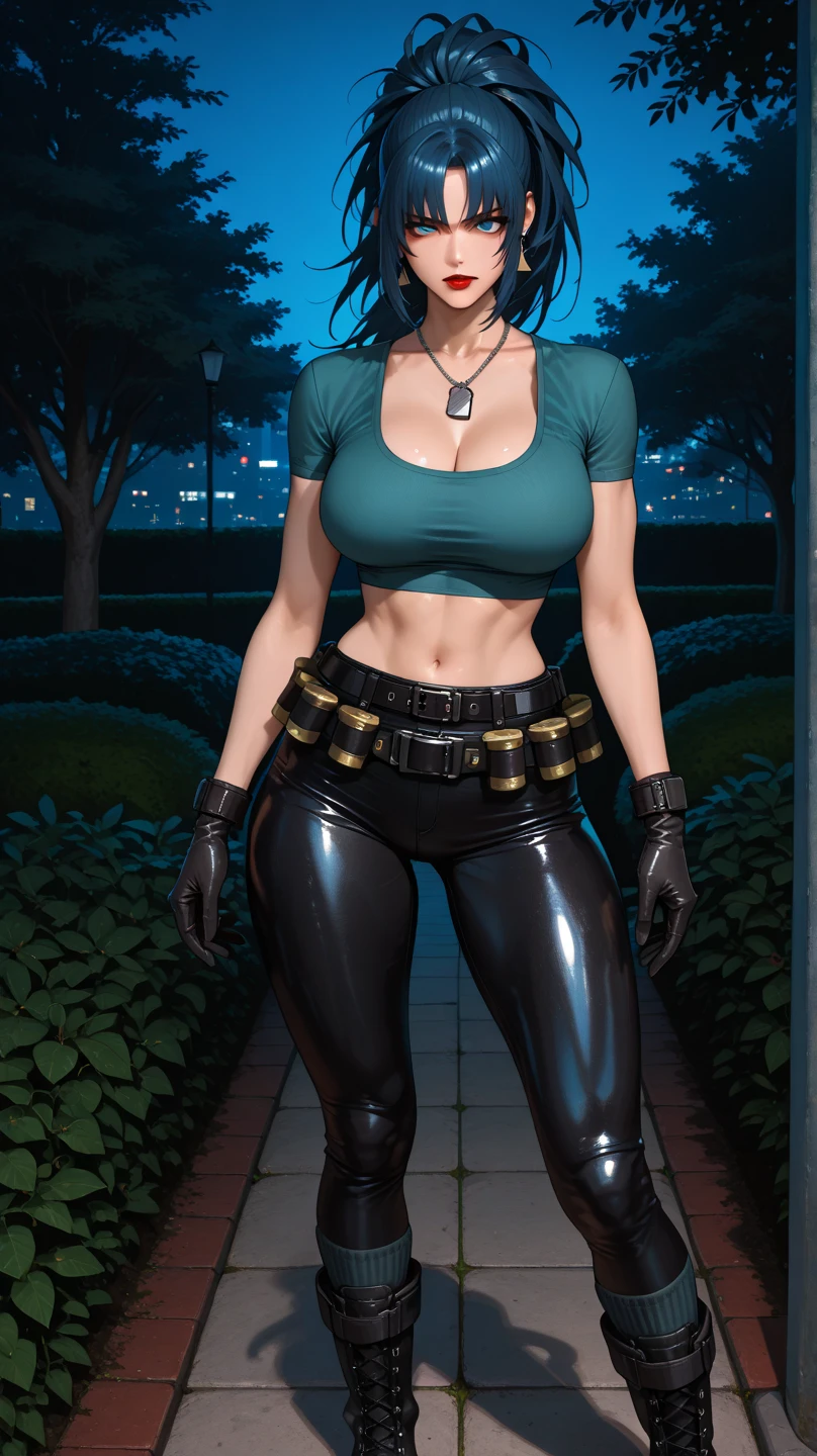 Best_QualityPos, RAW photo, intricate details, best quality, 8k uhd, soft lighting, 4lex4ndr4 cosplaying as Kim Possible, her face looks exactly like alexandradaddario, 1girl, solo, blue eyes, brunette, long hair, shapely lips, black gloves, black shirt, crop top, cleavage cutout, exposed midriff, long sleeves, belt, belt pouch, green cargo pants, cinematic quality,