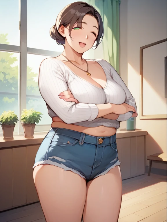 ((pudgy)), pudgy belly, soft midriff, belly rolls, love handles, tight jeans, green eyes