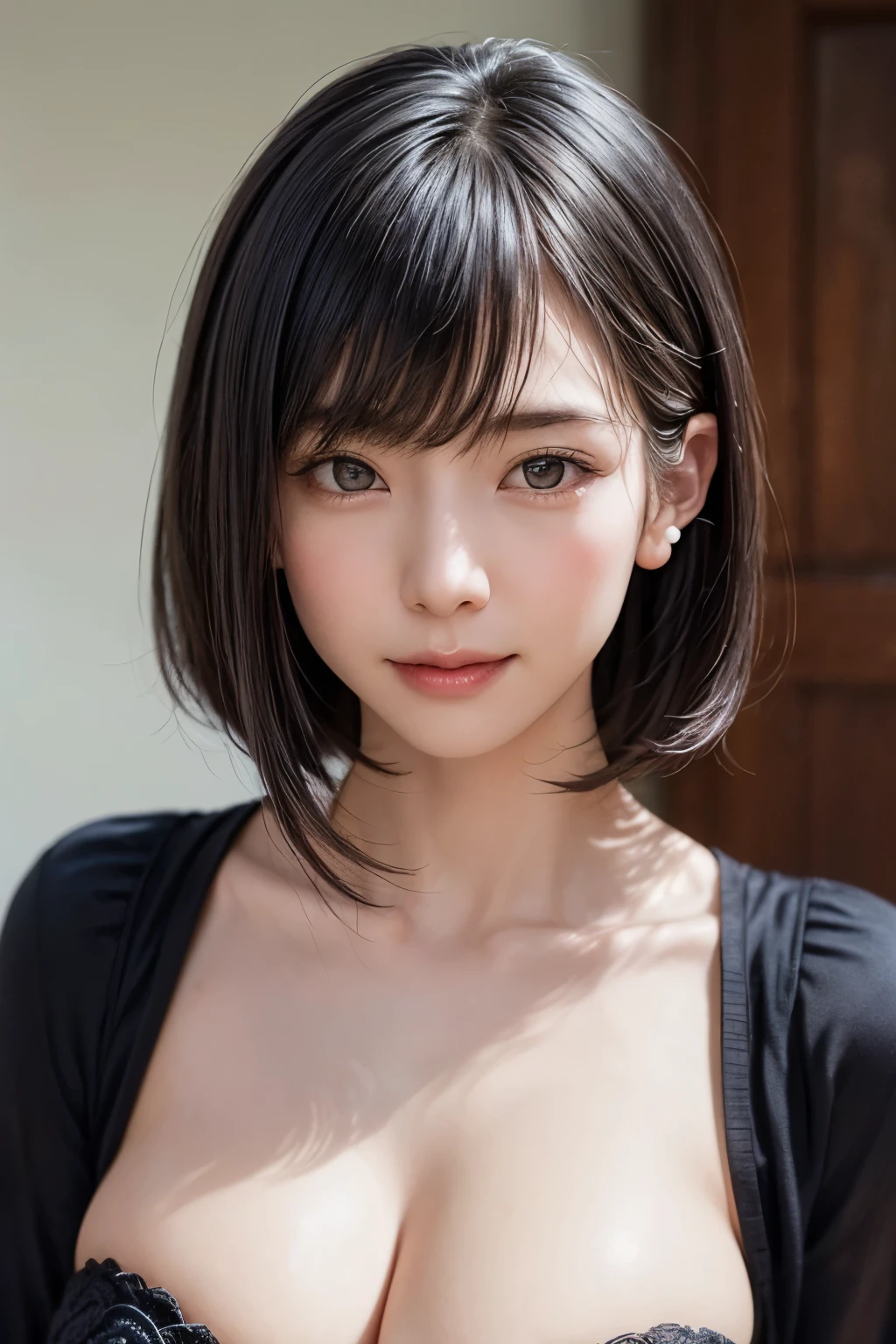 (masterpiece, highest quality),1 girl, alone, scarf, have, realistic, realistic, looking at the viewer, light colored black eyes, Brunette short bob hair with highly detailed shiny hair, Winter clothes, Whity, lips, bangs, outdoor, closed mouth, Upper body、Big eyes、eyelash、((There&#39;There&#39;There&#39;There&#39;There&#39;There&#39;There&#39、Very simple dark green background:1.8))、(((bangsのあるショートヘア、Big eyes、big and full chest、look at the audience、beautiful beauty、show me your ears、long neck、smile、please close your mouth and smile)))、ideal body proportions、（Tree-lined avenues in the winter wilderness of England）、{Huge|big|Hugeな|mega} chest, cleavage
