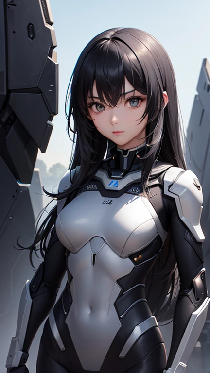 Non-transparent sexy cyborg suit、17 years old、beautiful girl、ponytail、Black Hair、fight、blue beam、universe space