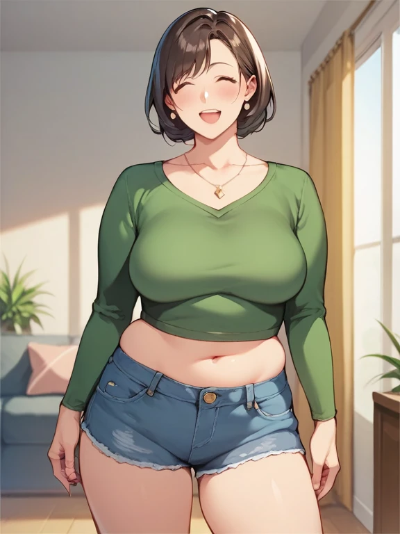 ((highres)), Masterpiece, high quality, best quality, beautiful, perfect lighting, detailed face, ultra cute face, looking at viewer, full body, ((1girl)), ((solo)), ((blush)), short brown hair, green eyes, crop top, jeans, open jacket, hotel lobby, medium breasts, perky breasts, cleavage, ((wide hips)), ((thick thighs)), ((chubby)), pudgy belly, fat rolls,