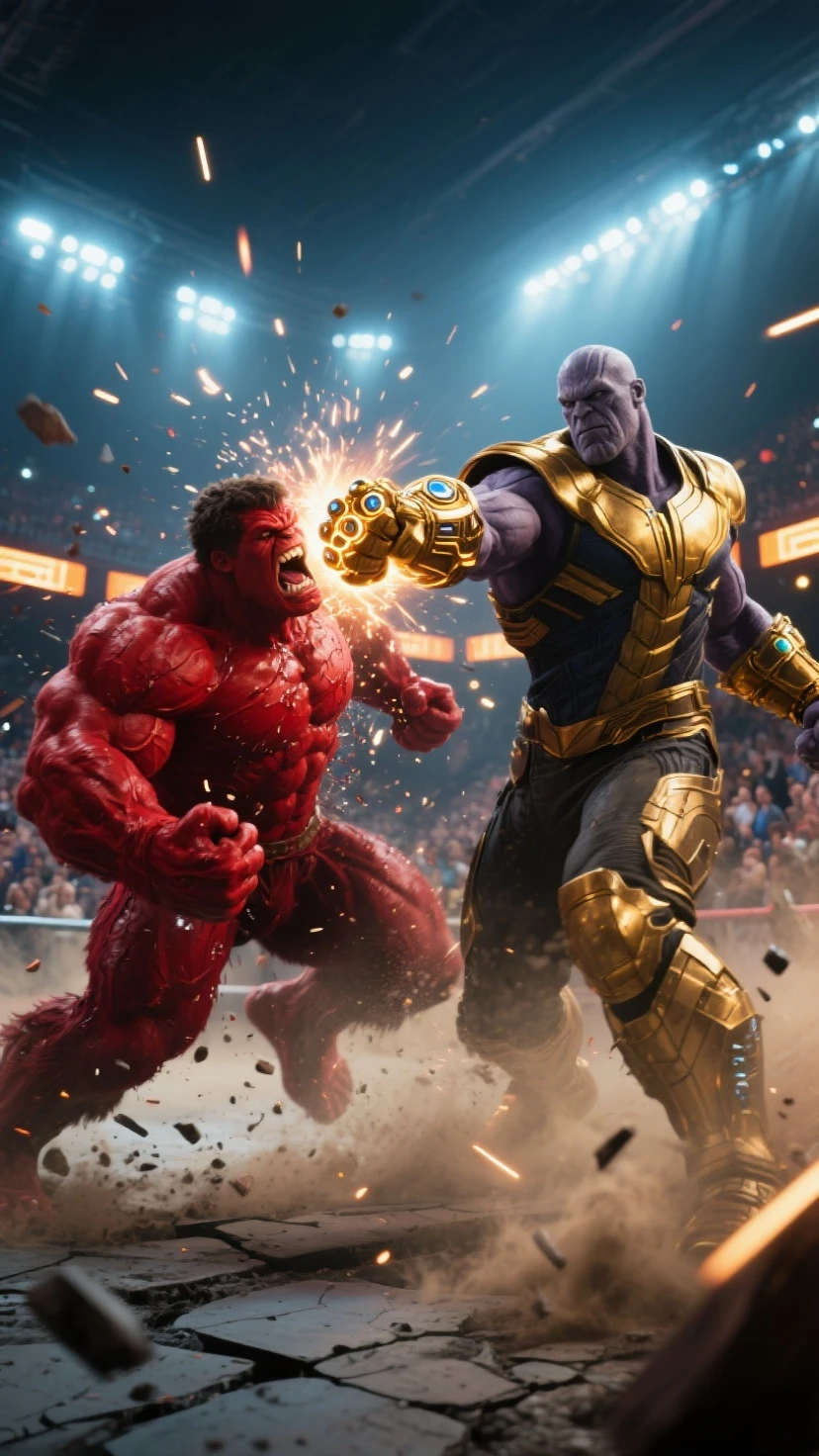 two superheroes (iron vs thanos fighting in the ring) with bright background many people cheering, thanos a little thunder kick on iron, creating a lightning effect, posing for a complex fight, epic battle epic, epic battle, battle, infinity stone, thanos style features, cinematic battle, profile picture, battle, fighting, fighting game, intense fighting, in awesome style