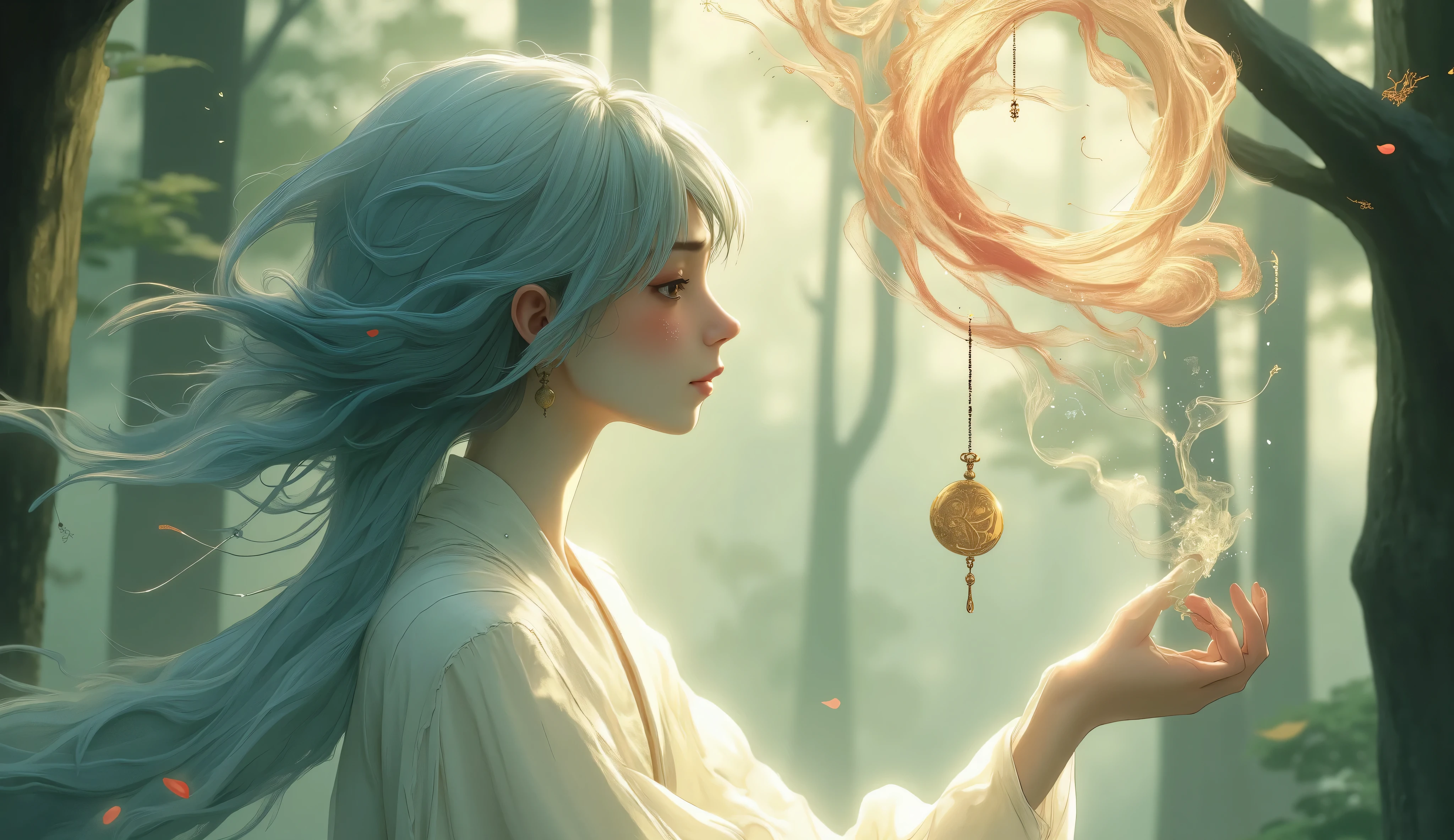 Ethereal female forest spirit made of translucent smoke, delicately touching a hanging Japanese furin wind chime, enchanted forest setting, dappled sunlight filtering through trees, floating pollen particles, gentle breeze, mystical atmosphere, soft diffused golden hour lighting, whimsical fantasy art style, dreamlike quality, semi-transparent form with flowing movement, Studio Ghibli inspired, Makoto Shinkai color palette, digital painting with watercolor textures, soft pastel colors, teal and pink gradients, subsurface scattering, volumetric lighting, particle effects, highly detailed, 8K resolution, dreamy bokeh background, magical forest spirits, Japanese mysticism, serene expression, glowing ethereal aura, intricate furin design, traditional Japanese garden elements, floating cherry blossom petals, cinematic composition, fantasy illustration, magical realism