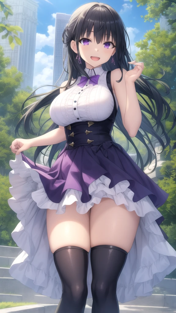 Anime girl walking in the park, younger sister, Surreal 18-year-old beautiful girl, Anime 18 Year Old Beautiful Girl, Seductive Anime Girl, Smooth Anime CG Art, low angles, Smiling, ((Girl with black hair, Girl with Twin Tails, emerald eyes, Wear black knee socks, White lace pants)), Casual dress, Blushing, oppai, Little Curvy Beautiful Girl, [ 4 k digital art ]!!, ((with very massive breasts)),NSFW, Bright sunshine