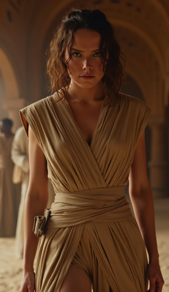 An illustrated movie poster, hand-drawn, full color, a teenage Jedi, 18-years-old, female, wearing a Sleeveless tunic, athletic hourglass figure, busty bosoms, full wide hips, massive round butt, long shapely legs, ridiculously thick powerful thighs, vibrant eyes, mousy brown hair, thick shaggy bangs, rosy sun-kissed complexion, freckles, resembles Margaery Tyrell, standing above Coruscant, graphite shading, stencil marks, airbrushed acrylic paint, masterpiece