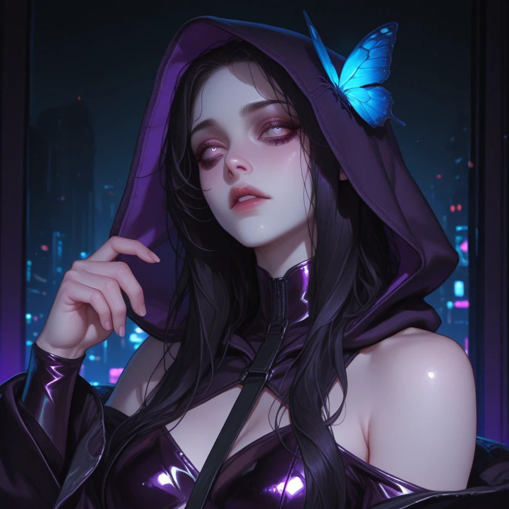 A woman with black hair with white highlights, with lilac eyes, with a demonic mark on the cheek