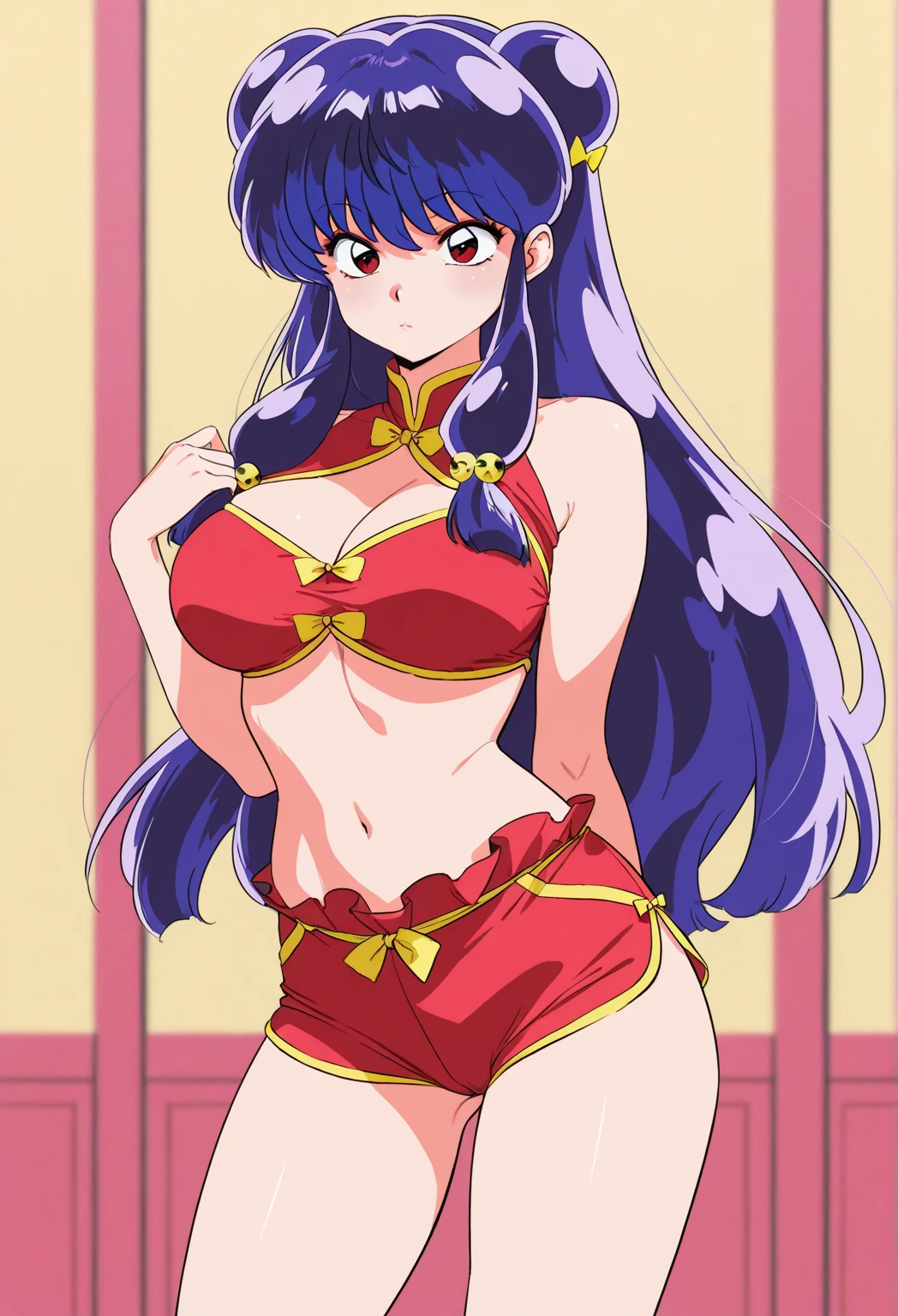 Specifically draw Shampoo female character from the anime Ranma 1/2 Ranma1 ecchi style/2-shampoo NSFW, Toned body, Her figure is slim and well proportioned., thin waist medium breasts ,indigo hair, cabello Smooth and silky largo y suelto hasta la cintura, created by Rumiko Takahashi. front loose strands, double bun, fringe, medium breasts, pose sensual, very large and expressive red eyes perfectly detailed, I want Shampoo to have a friendly, smiling expression., The nose is small and straight, strands that are slightly wavy at the ends Please, draw Shampoo&#39;s hair from the anime Ranma ½. Her hair is long and dark purple., Smooth and silky, with wavy locks at the ends. Hair falls back from his forehead and extends below his shoulders. Besides, It is collected in two side pigtails with red ribbons. Shampoo&#39;s eyes are large and expressive almond-shaped with long and defined eyelashes..

