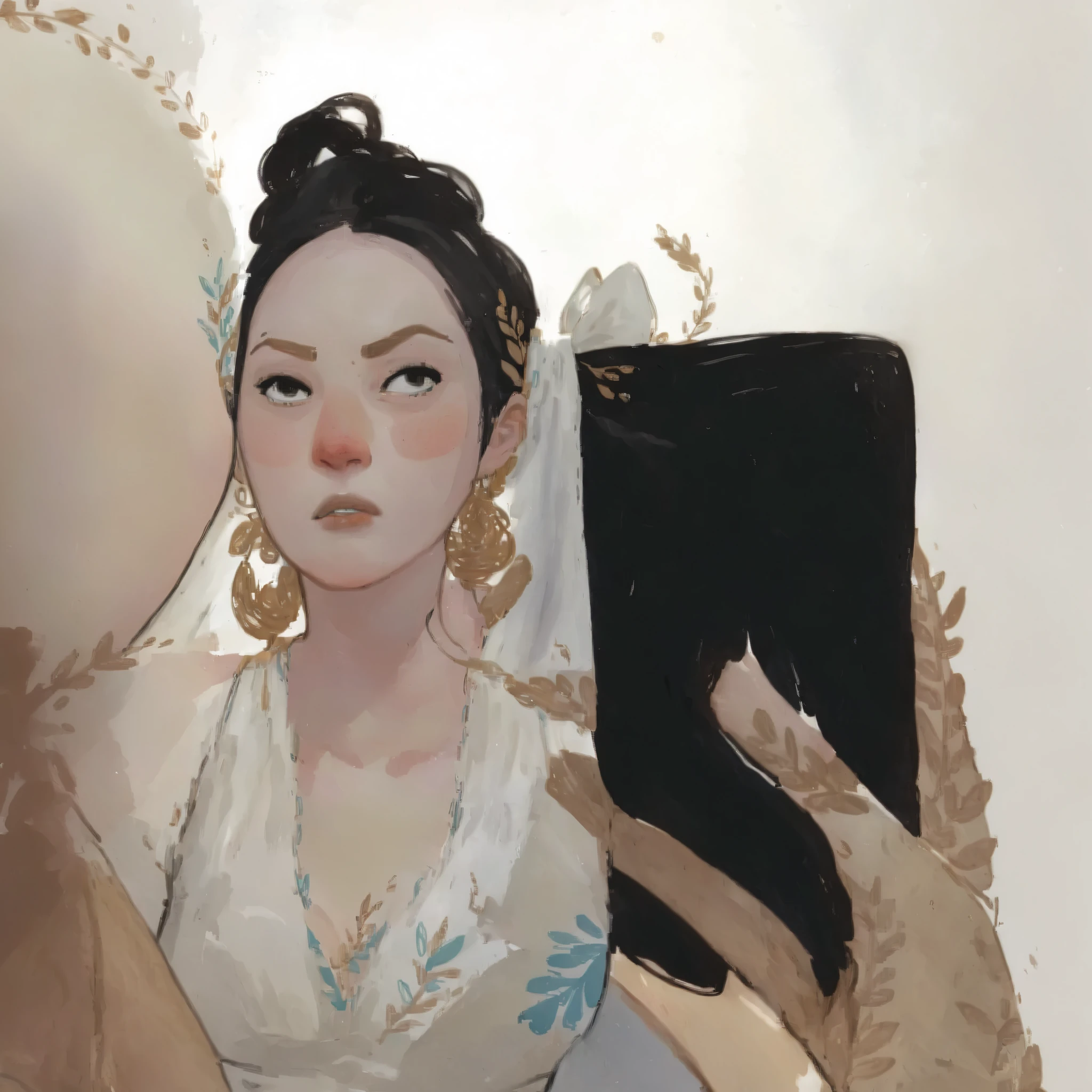 2D ART, 1girl, hyper detailed gouache painting, detailed medieval dress, portrait illustration, High-quality, high definition, illustration, gougoupaintleaves:1.5, long_hair, detailed face, simple white background, picture book character, FRESHIDEAS Illustration No. 12