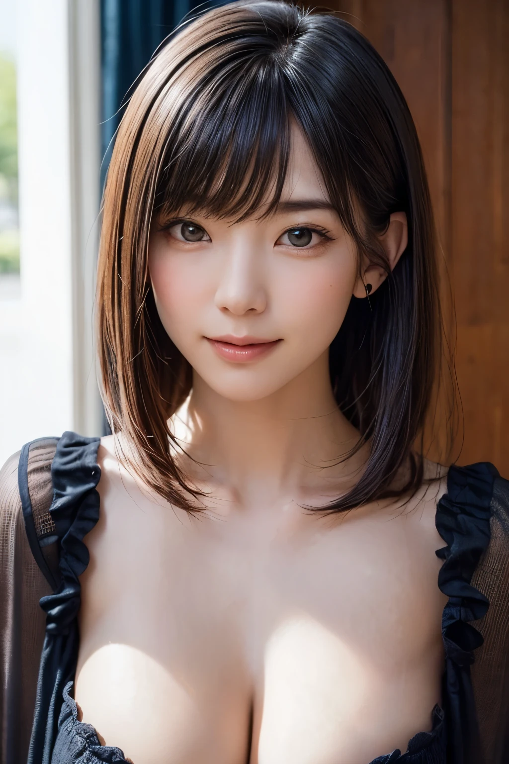(Realistic, Photorealistic: 1.37), (Masterpiece, Best Quality: 1.2), (Ultra High Resolution: 1.2), (RAW Photo: 1.2), (Sharp Focus: 1.3), (Face Focus: 1.2), (Ultra Detailed CG Unified 8k Wallpaper: 1.2), (Beautiful Skin: 1.2), (pale Skin: 1.3), (Hyper Sharp Focus: 1.5), (Ultra Sharp Focus: 1.5), ( Beautiful pretty face: 1.3), (Japanese actress face:1.3), (super detailed background, detail background: 1.3), a very cute and beautiful Japan pictures of women, (sexy model), professional attire, (38 years old: 1.1), portrait of a girl with a bright smile, upper body image, When viewed from the front, the composition is symmetrical, (Studio lighting: 1.3), (Cinematic lights: 1.3), ( backlight: 1.3), dim lighting, lighting that covers the whole body, looking straight at you, natural posing, break, (mahogany thin hair: 1.2, wavy bob hair:1.2), dark brown eyes, beautiful eyes, princess eyes, ((mahogany hair:1.3)), bangs, Hair between eyes, (voluptuous:1.47, curby), (medium-largec-breast;1.37, sagging breasts:1.17, cleavage:1.37), (thin waist: 1.05), (detailed beautiful girl: 1.4), (Chest squeezed together, View viewer, (mahogany bikini:1.37, floral printed bikini:1.37, detailed bikini)), Solo, Parted lips, Red lips, (shiny skin), sweat, (detailed resort hotel room background:1.2, bedroom, presenting), (Dishonest laughter, light seductive smile:1.15, incmoing:1.3, in heat:1.3), ((Perfect Female Body)), (Upper Body Image:1.3), Frame Head, Perfect Anatomy, Perfect Proportions, 8.5 Life-Size, Face Focus, Ultra Realistic Photo, Hyper Sharp Image, Hyper Detail Image,