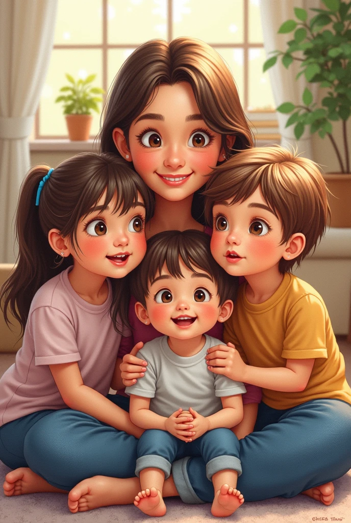 A family of three. Brazilian mother, blonde and brown, the three children of Japanese descent with Brazilian, dark hair and eyes. The 50 year old mother, the children of 30, 25 (naughty man) and 22.