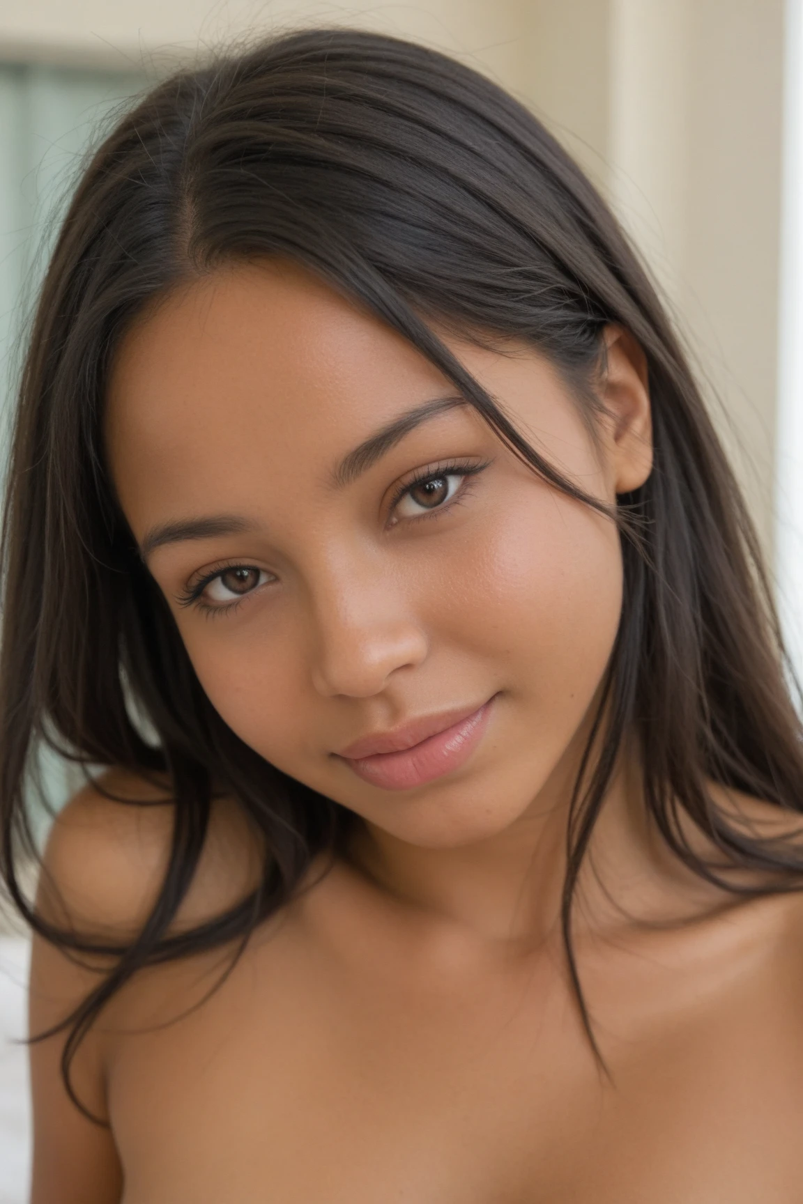 photorealistic, best quality, instagram model, (hyper detailed: 1.4), long distance shot, posing, view from the back, short black hair, blue eyes, wearing red wet t-shirt, Detailed eyes, beautiful ebony young woman, (Highly detailed face:1.4), exuding a natural glow, soft lightning, night view, jaw-dropping beauty, (smirk: 1.4), cute, seductive, vivid colors, subtle shadows