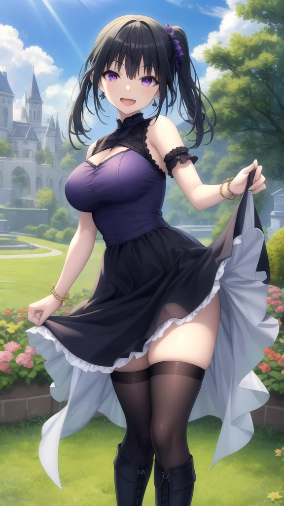 masterpiece, best quality, extremely detail 8k cg, high resolution, 1girl, yuugao, solo, purple hair, long hair, sidelocks, ponytail, brown eyes, perfect eyes, choker, breast curtains, china dress, pelvic curtains, thighhighs, high heels, huge breasts, outdoors, garden, standing, beautiful face, wide shot photo, full body