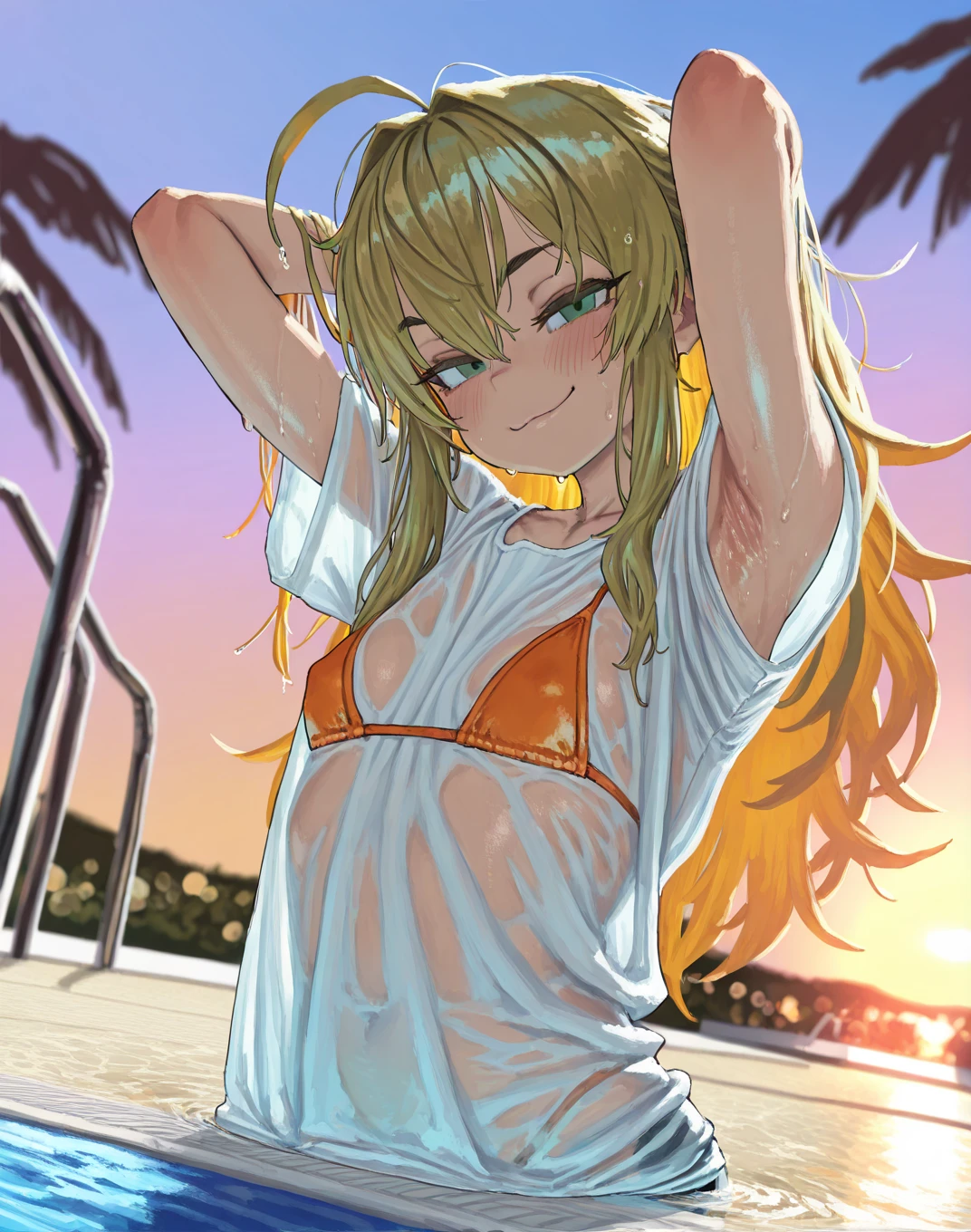 ((best quality)),((highly detailed)),masterpiece,absurdres,detailed face,beautiful face,(detailed eyes, deep eyes),1girl,((dynamic pose)), jabami yumeko, yellow hair, twintail hair,yellow eyes, solo, bow, small breasts, cowboy shot, beach, outdoors, seductive smile, looking at viewer, naked, put your hands behind your head, armpits, armpits visible, sweaty armpits, 