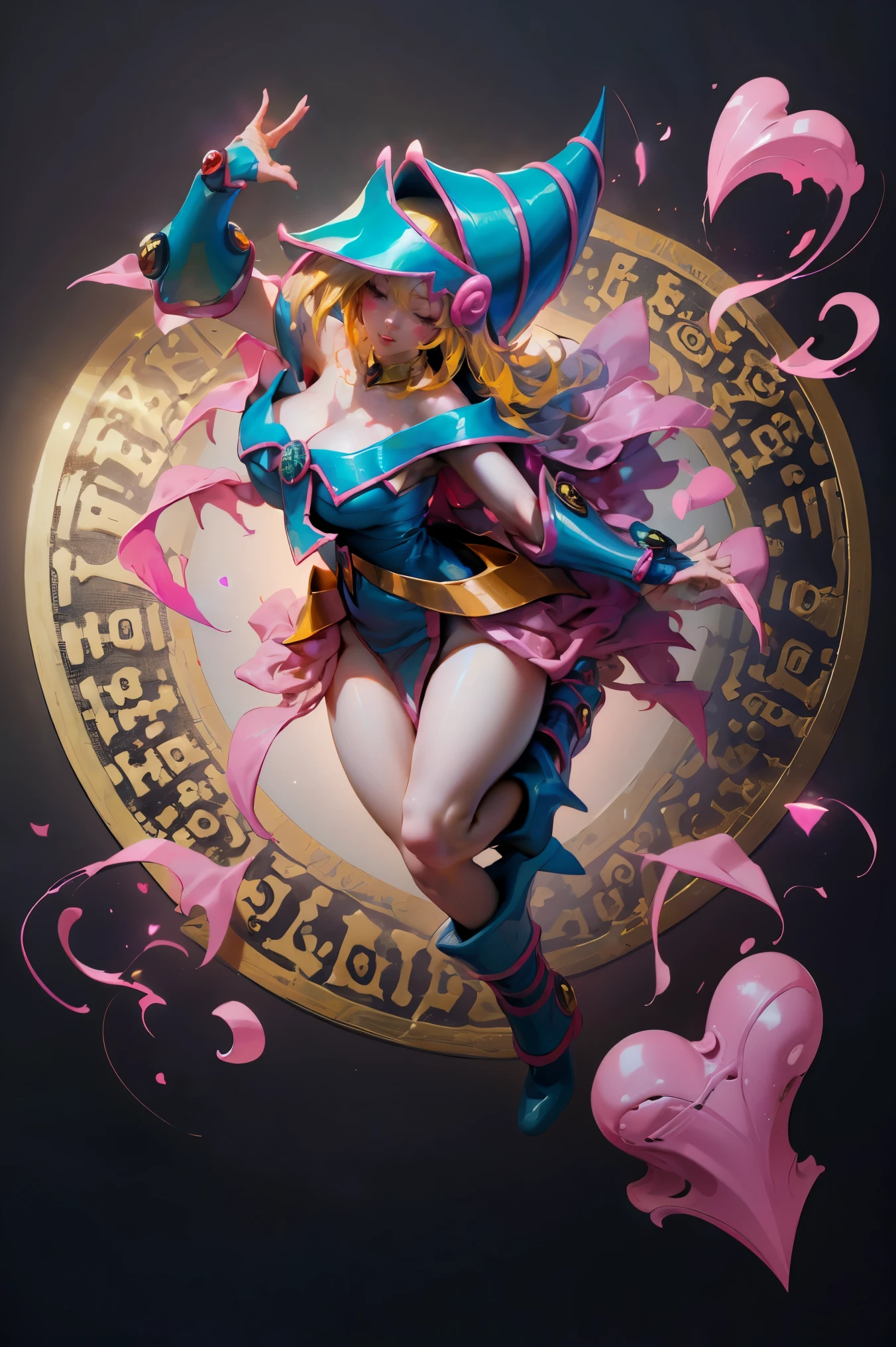 (Masterpiece:1.2), (The best quality:1.2), perfect lighting, Dark Magician Girl casting a spell, floating in the air, big tits, neckline, magic background. Transparent hearts in the air, blue robe, big hat, From above, sparkles, Yugioh Card in the background. In heels and a bikini