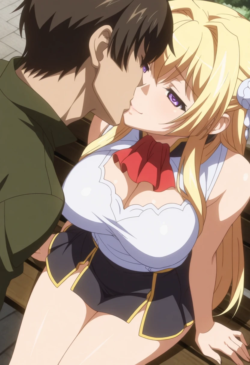 NSFW ,(((1girl,1boy,fellatio))),crotch grab,,(((white lace panties))),Banished, rit, Long Hair, Blonde Hair, Aqua Eye, rit, Braiding, Hair Bun, french Braiding, smile,
break skirt, Knee socks, Long sleeve, Cleavage, boots, brown Knee socks, Long sleeve, underwear, belt, scarf, Clothing cutouts, Cleavage cutout, red scarf,
break outdoors,
break looking at viewer, (Cowboy Shot:1.5),
break (masterpiece:1.2), highest quality, High resolution, unity 8k wallpaper, (figure:0.8), (Beautiful fine details:1.6), Highly detailed face, Perfect lighting, Highly detailed CG, (Perfect hands, Perfect Anatomy),