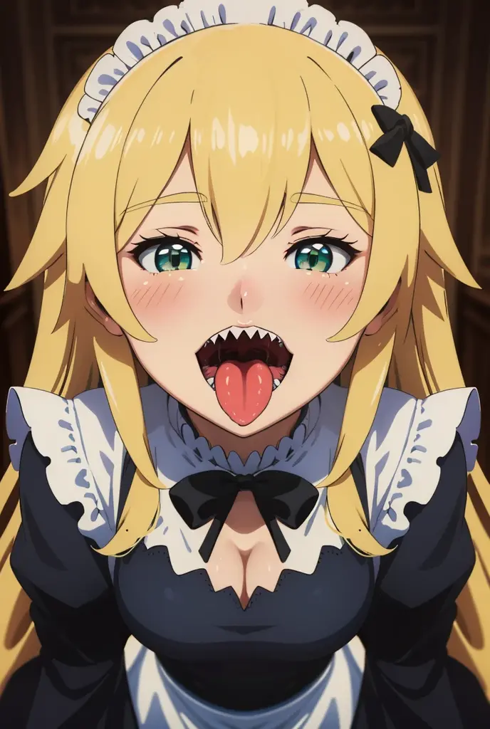 frederica, 1girl, blonde hair, green eyes, long hair, solo, sharp teeth, blush, open mouth, big mouth, tongue, tongue out, close up, saliva, uvula, uvula, room, mouth focus, excessive saliva, giantess, long tongue, large tongue,
