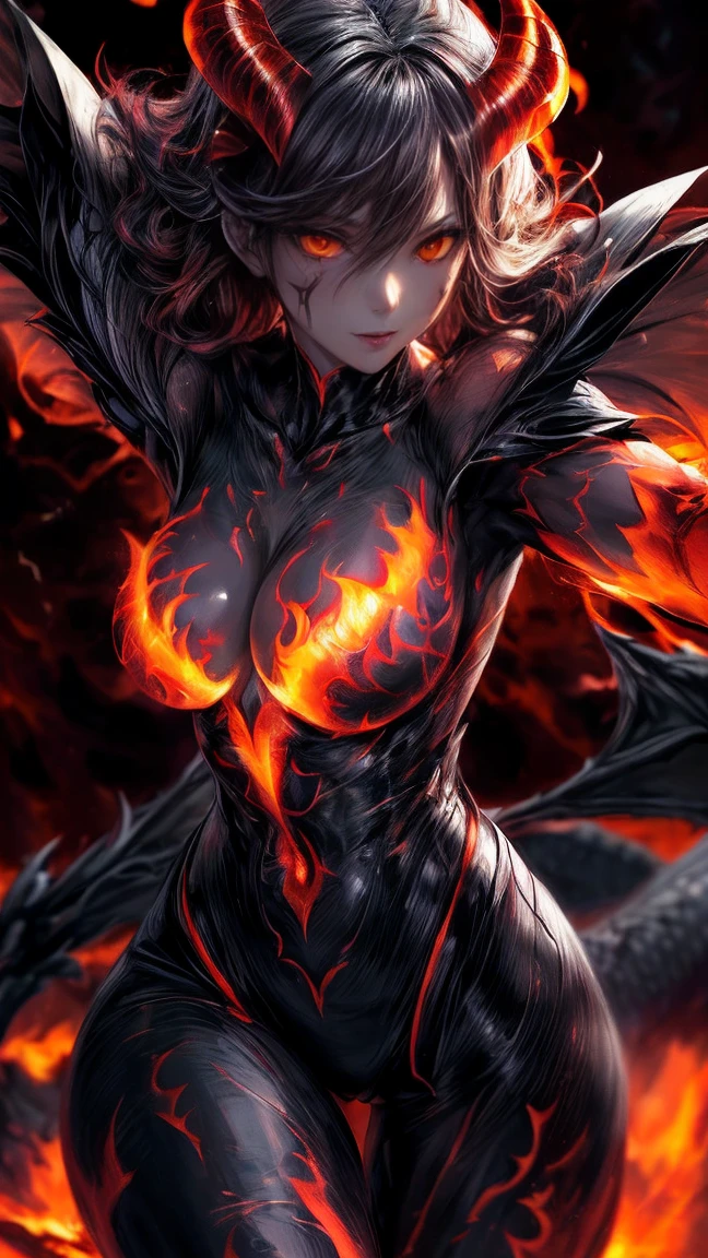 (Dark environment:2.0),dragon girl, 1girll, The head has large dragon horns, Dragon wings with long shoulders, full bodyesbian, spreads her legs apart,There is a dragon tail,The tail is held high behind him,The thorax has translucent dragon scales,There are dragon scales on the waist,Dragon scales grow on the thighs,There is heat around the body,realistic detail,A high resolution,high detal,(Dragon scales detailed all over the body),Dragon_Real,(Extremely detailed Cg Unity 8K wallpaper,Masterpiece, Best quality, super ultra detail, Beautiful detailed eyes),火焰
