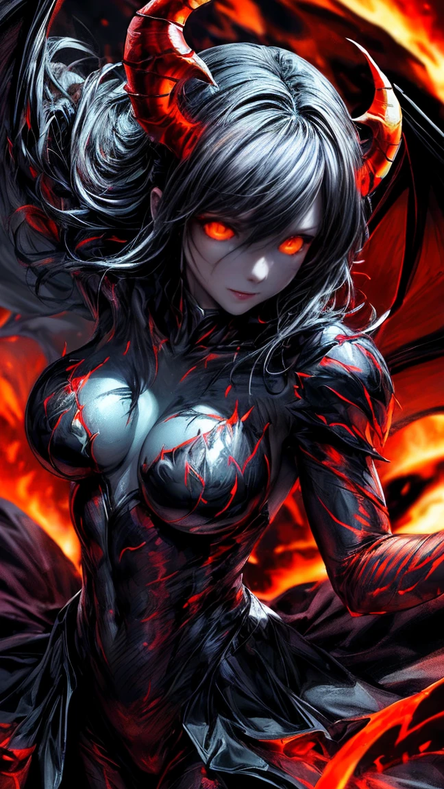 Storyboard, masterpiece, highest quality, dragonlady queen, perfect demoness, long legs, hourglass figure, curvy hips, bright red glowing eyes, detailed eyes (1.4), scars on face, villainous expression, flaming skin body with bioluminescent glowing pattern, ready for battle, blurred stormy background, dark atmosphere, lighting in background,full body,