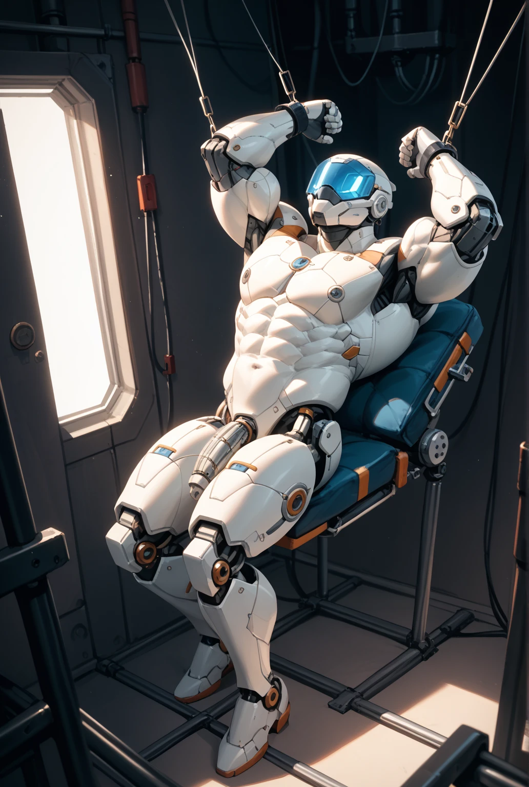 male,bodybuilder,anime style,masterpiece,best quality,high quality,extremely detailed,extremely detailed background,correctly anatomy,pulse blade pilot,1 athlete boy,solo,looking at viewer,sitting on the bed,complete nude,full body shots,sexy male feets,soccer socks only on the feets,barely legs,barely chest,barely arms,exhibitionism,erected penis,space station,depth of field,blue_sky,best quality, feet, good feet, white socks, white skin tone, big pecs, round pecs, legs spread, good penis, balls hanging