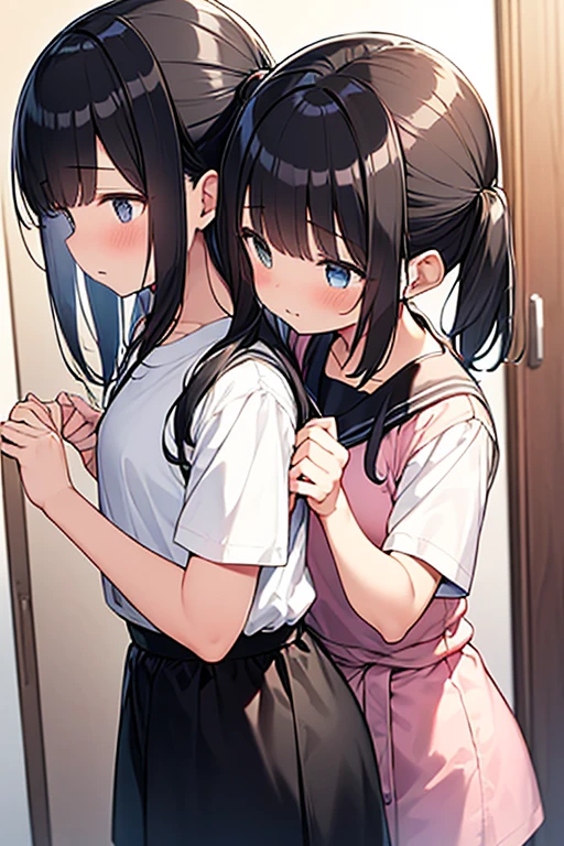 (8k、Best image quality、Highest quality、masterpiece)、Detailed face、One Girl、Black Hair、Bright Blue Eyes、Wicked Smile、((steam, sweat, Grin))、Small breasts、((Half Off Shoulder、Bra straps are visible、White oversized long shirt)), No underwear、Cowboy Shot、entrance、Open the door、One big muscular black man、(A big, muscular black man holds a young girl's shoulders:1.5)、Move the camera a little further away