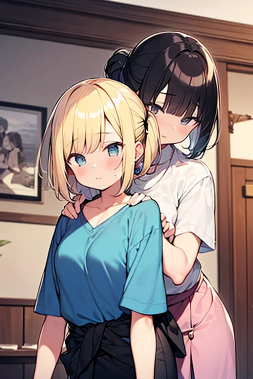 ((Highest quality, 8K, masterpiece:1.3)),Three Women、3girls、 sharp:1.2, Beautiful woman with perfect figure:1.4, Slim Abs:1.2, ((Huge boobs:1.5,sagging breast:1.5))，Highly detailed face and skin texture，Detailed eyes，double eyelid、Blonde、Bobcut、Bob Hair、Pale blue eyes、Brown Hair、ponytail、Black Hair、Hair with a loose perm